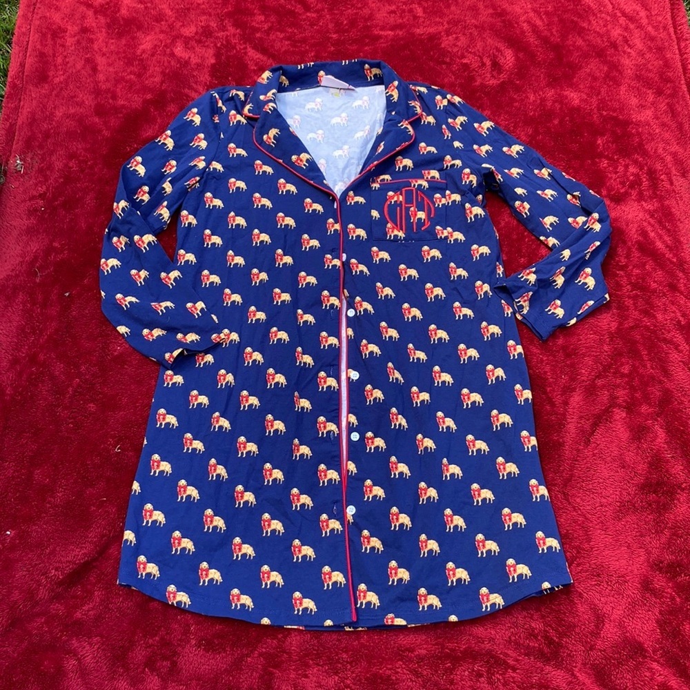 Marleylilly Dog Print Monogram Pajama Night Shirt SIZE S Button Front Lounge Top